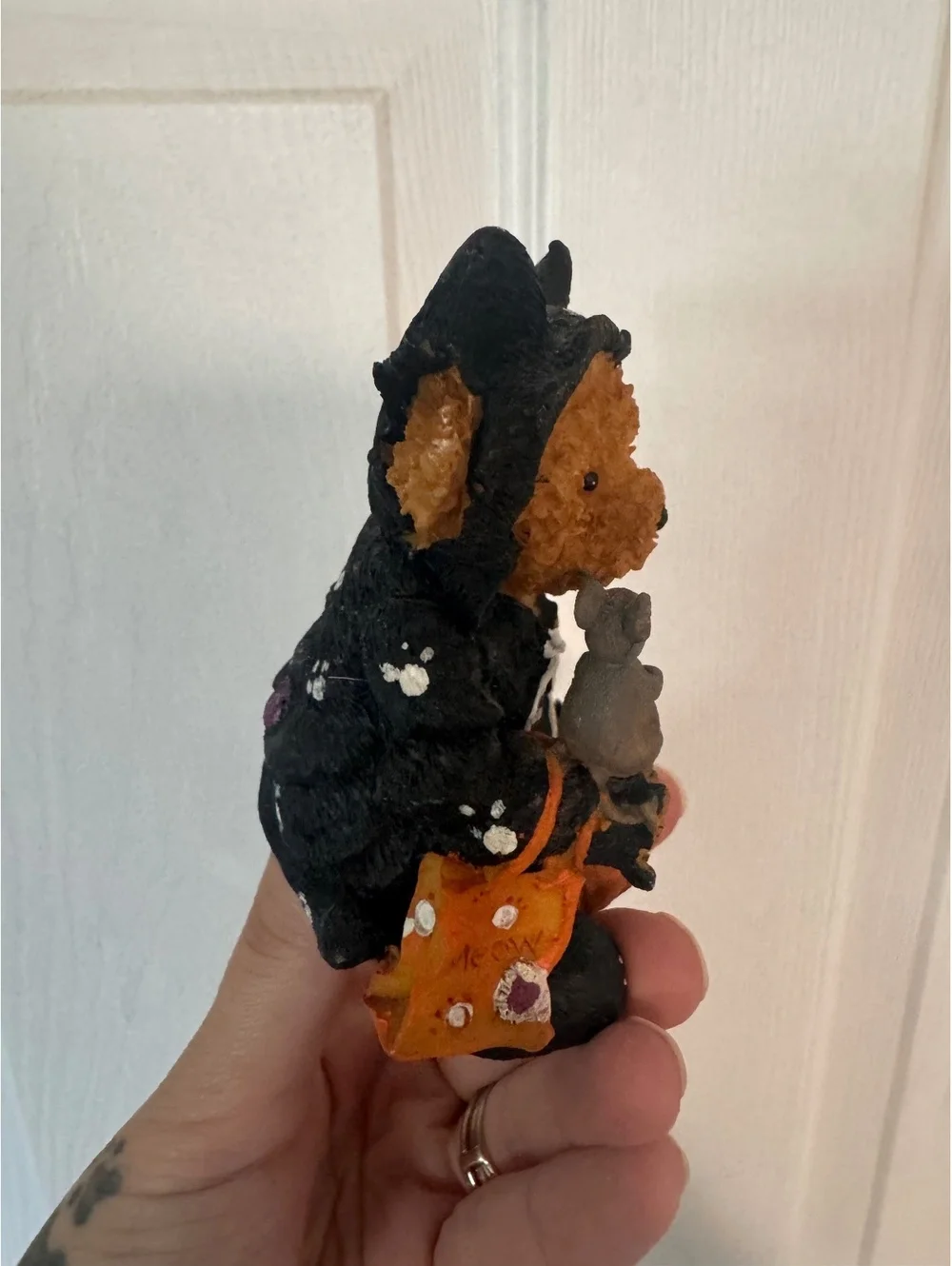 Hand-Painted Bear Figurine in Halloween Costume with Pumpkin and Broom